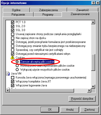 Zmiana ustawie� obs�ugi plik�w "cookies"
