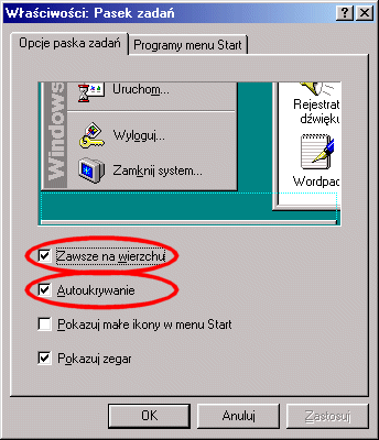 Zmiana ustawie� paska START'u